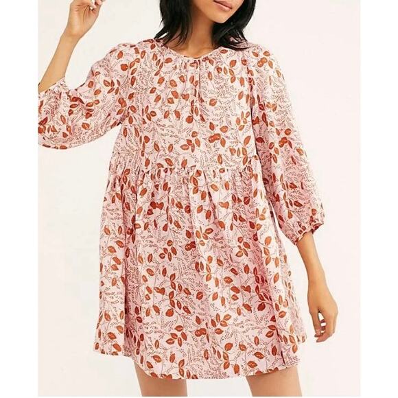 Free People size XS Mini Dress Paper Hearts Pink Linen Long Sleeve Empire Waist - Picture 1 of 7